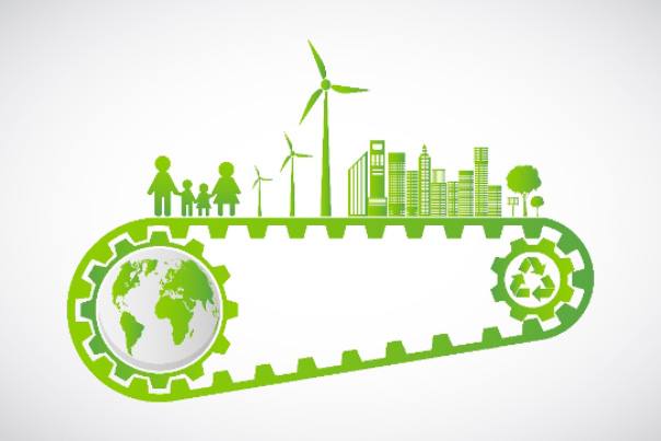 light green image of gears revolving around a world with people, trees and buildings on top